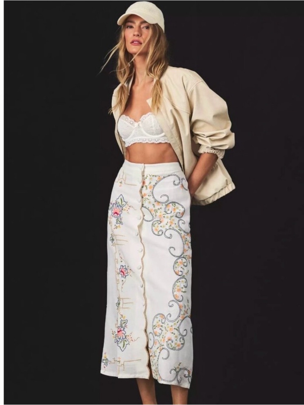 Anthropologie Scalloped Buttondown Midi Skirt Sz 4 Embroidered White Linen Blend